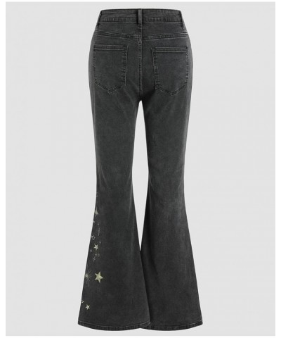 Women's Star Flared Jeans Y2K Pants Mid Waist Long Denim Bell Bottom Jeans Star Embroidered Bootcut Pants Black $18.14 Jeans