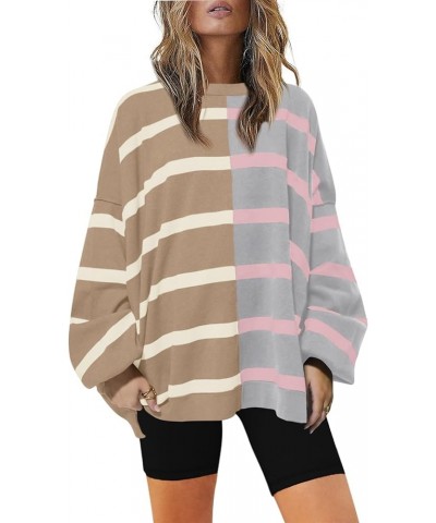 Womens Striped Sweater Oversized Crew Neck Long Sleeve Color Block Knitted Pullover Tops Camel Grey $20.24 Sweaters