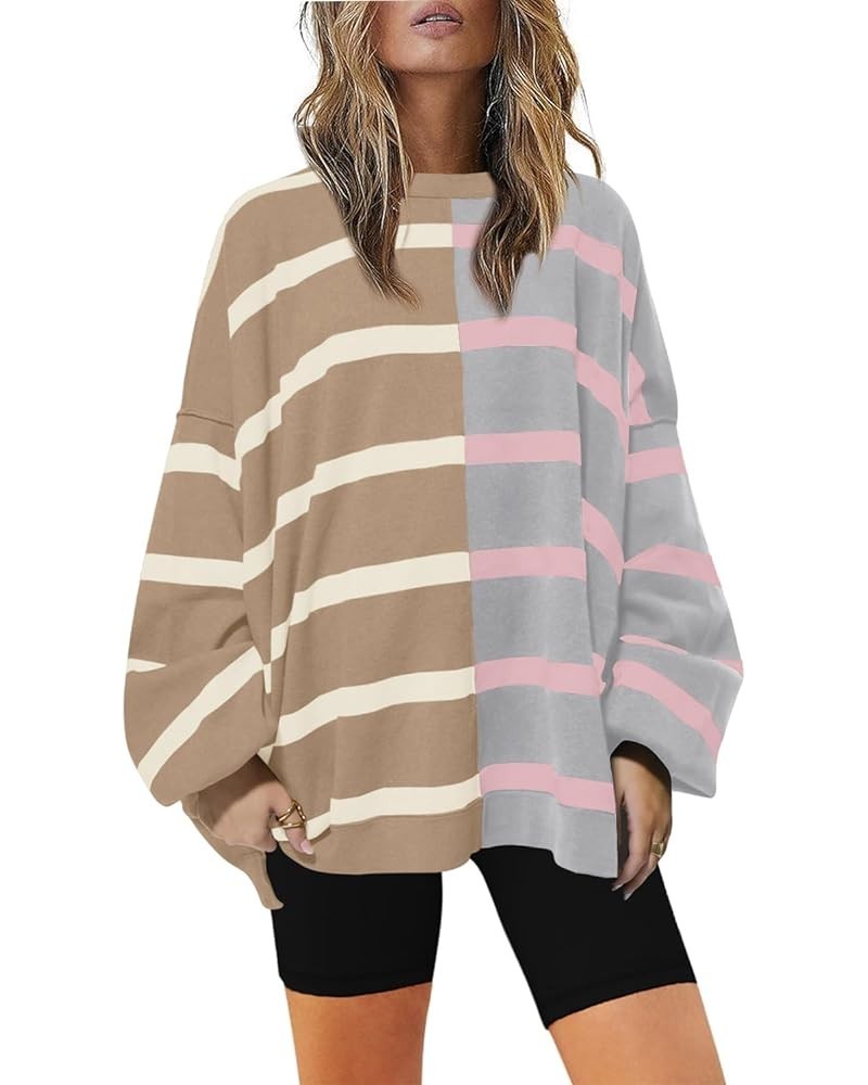 Womens Striped Sweater Oversized Crew Neck Long Sleeve Color Block Knitted Pullover Tops Camel Grey $20.24 Sweaters