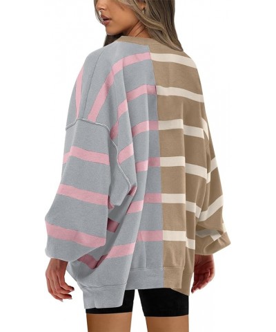 Womens Striped Sweater Oversized Crew Neck Long Sleeve Color Block Knitted Pullover Tops Camel Grey $20.24 Sweaters