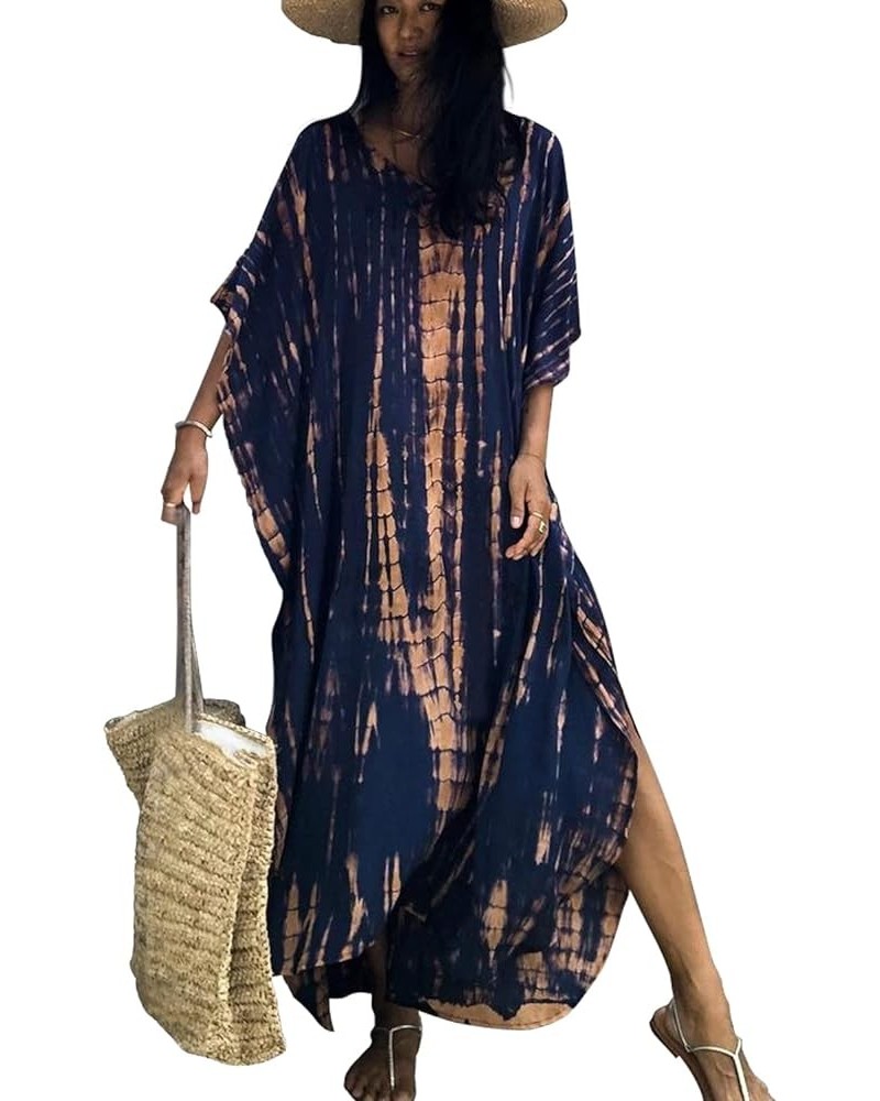 Women Beachwear Long Beach Coverups Kaftan Casual Caftan Dress T-navy $19.57 Swimsuits