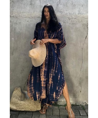 Women Beachwear Long Beach Coverups Kaftan Casual Caftan Dress T-navy $19.57 Swimsuits