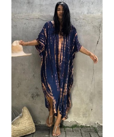 Women Beachwear Long Beach Coverups Kaftan Casual Caftan Dress T-navy $19.57 Swimsuits