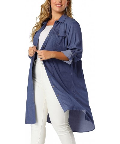 Plus Size Button Down Shirts for Women Dress Shirts Long Sleeve Casual Chambray Tops with Pockets Blue $20.88 Blouses