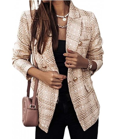 Women's Notched Lapel Double Breasted Plaid Loose Buttons Work Office Blazer Suit Khaki $13.51 Blazers