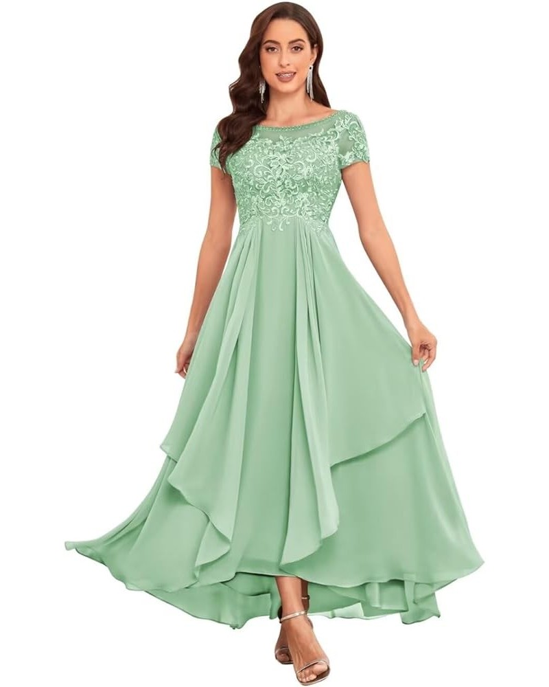 Mother of The Bride Dresses for Wedding Short Sleeve Lace Chiffon Ruched Formal Evening Dress Mint Green $36.00 Dresses