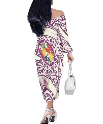 Women Polynesian Traditional Tribal Print Off The Shoulder Long Sleeve Bodycon Dress Tonga Polynesia Floral $14.70 Dresses