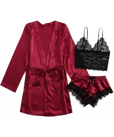 Sleepwear for Women 3 Piece Stripe Satin Pajama Set Lingerie Lace Cami Pj Set Sexy V Neck Cami Top with Robe 01 Wine $5.35 Sl...