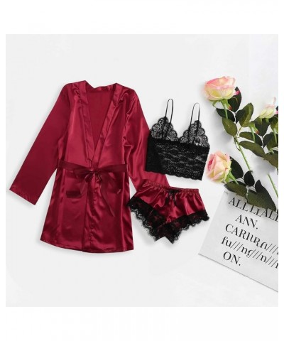 Sleepwear for Women 3 Piece Stripe Satin Pajama Set Lingerie Lace Cami Pj Set Sexy V Neck Cami Top with Robe 01 Wine $5.35 Sl...