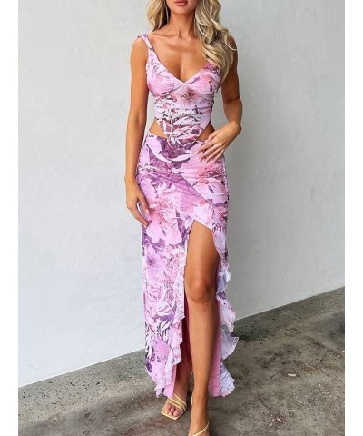 Women Sexy Two Piece Long Skirt Set Y2k Crop Cami Top Split Maxi Skirt Floral Print Outfits Summer Party Clubwear A4-pink $12...