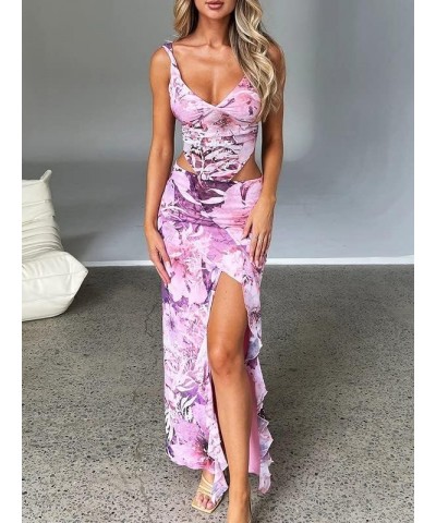 Women Sexy Two Piece Long Skirt Set Y2k Crop Cami Top Split Maxi Skirt Floral Print Outfits Summer Party Clubwear A4-pink $12...