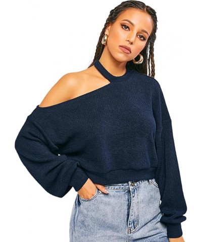 Women's Casual Loose Fit Criss Cross Knittd Crop Pullover Sweaters Blue $9.89 Sweaters