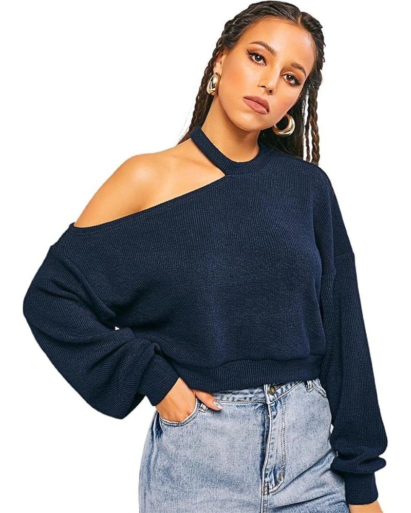 Women's Casual Loose Fit Criss Cross Knittd Crop Pullover Sweaters Blue $9.89 Sweaters