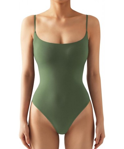 Women Sexy Square Neck Thong Bodysuit Backless Cami Bodysuit Top 02 Army Green $17.99 Lingerie