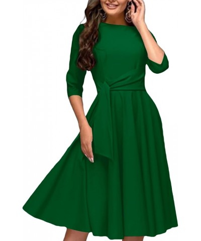 Women's Vintage Round Neck Half Sleeve Tie Front Zipper A Line Flared Midi Dress Green $25.50 Dresses