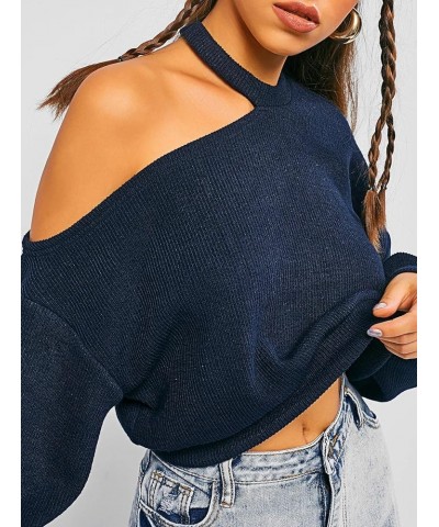 Women's Casual Loose Fit Criss Cross Knittd Crop Pullover Sweaters Blue $9.89 Sweaters