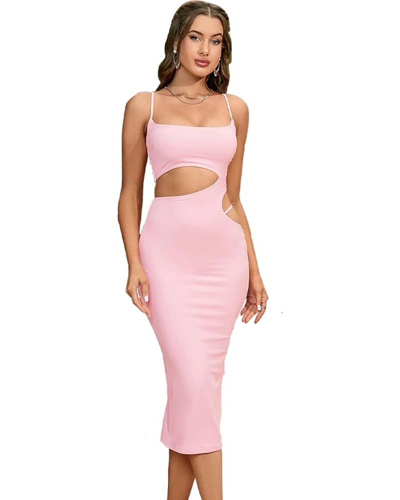 Women’s Sexy Side Cut Out Bodycon Midi Dress Spaghetti Strap Going Out Club Party Dresses Pink $23.92 Dresses