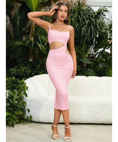 Women’s Sexy Side Cut Out Bodycon Midi Dress Spaghetti Strap Going Out Club Party Dresses Pink $23.92 Dresses