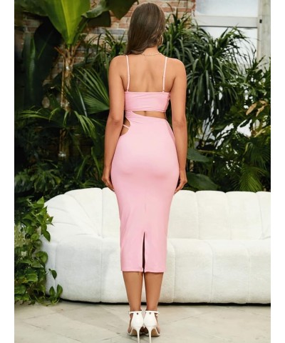 Women’s Sexy Side Cut Out Bodycon Midi Dress Spaghetti Strap Going Out Club Party Dresses Pink $23.92 Dresses