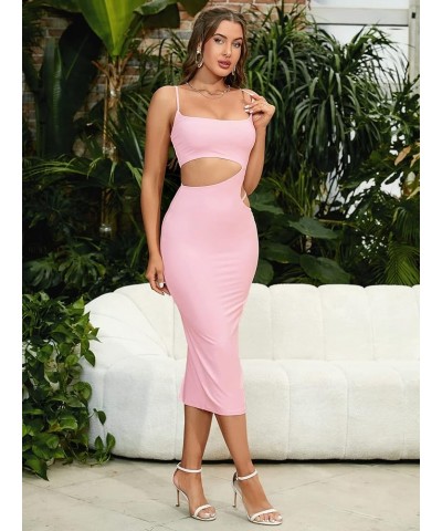 Women’s Sexy Side Cut Out Bodycon Midi Dress Spaghetti Strap Going Out Club Party Dresses Pink $23.92 Dresses