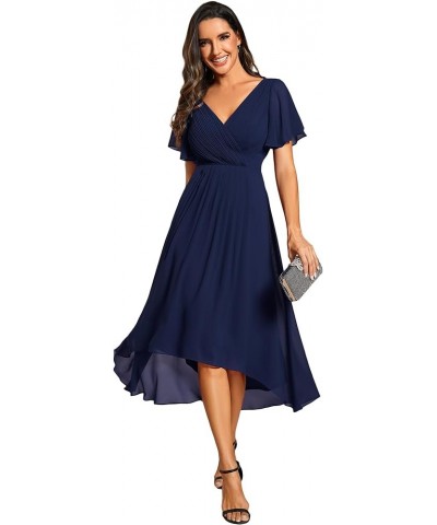 Women's Chiffon V-Neck Short Wedding Guest Dress with Ruffled Sleeves 01923 Navy Blue $27.71 Dresses