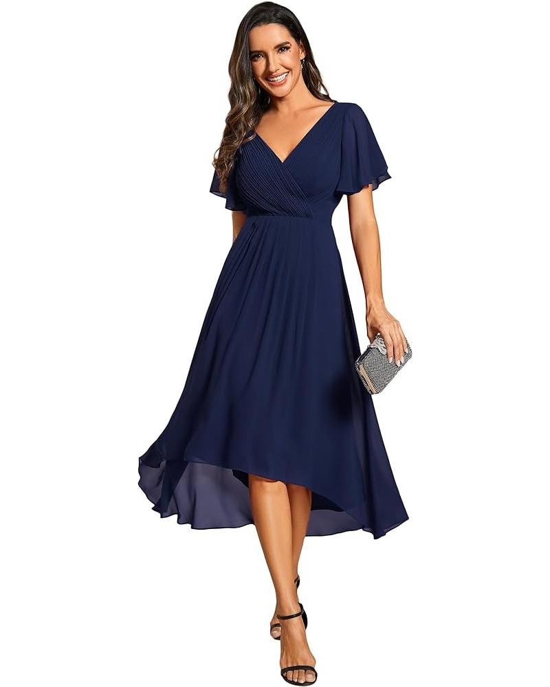 Women's Chiffon V-Neck Short Wedding Guest Dress with Ruffled Sleeves 01923 Navy Blue $27.71 Dresses