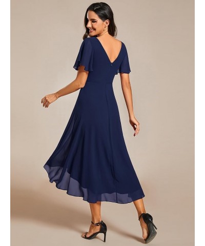 Women's Chiffon V-Neck Short Wedding Guest Dress with Ruffled Sleeves 01923 Navy Blue $27.71 Dresses