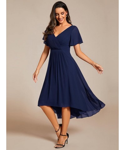 Women's Chiffon V-Neck Short Wedding Guest Dress with Ruffled Sleeves 01923 Navy Blue $27.71 Dresses