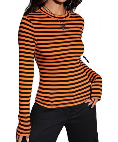 Women's Mock Turtleneck Long Sleeve Slim Fit Stretch Striped T-Shirts Orange and Black $7.53 T-Shirts