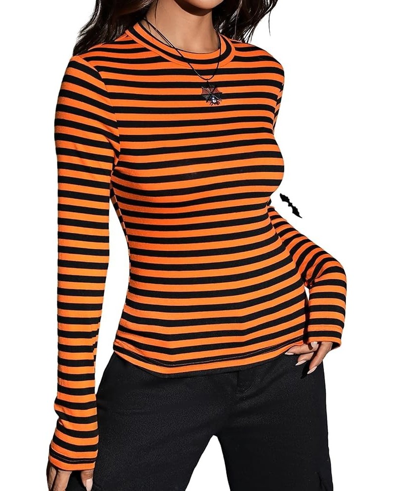 Women's Mock Turtleneck Long Sleeve Slim Fit Stretch Striped T-Shirts Orange and Black $7.53 T-Shirts