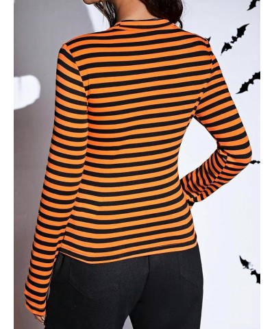 Women's Mock Turtleneck Long Sleeve Slim Fit Stretch Striped T-Shirts Orange and Black $7.53 T-Shirts