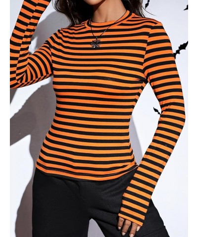 Women's Mock Turtleneck Long Sleeve Slim Fit Stretch Striped T-Shirts Orange and Black $7.53 T-Shirts