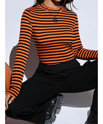 Women's Mock Turtleneck Long Sleeve Slim Fit Stretch Striped T-Shirts Orange and Black $7.53 T-Shirts