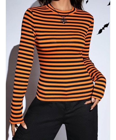 Women's Mock Turtleneck Long Sleeve Slim Fit Stretch Striped T-Shirts Orange and Black $7.53 T-Shirts