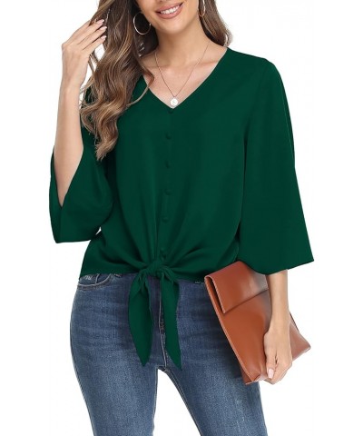 Women's Button V Neck Chiffon Tops 3/4 Bell Sleeve Tie Knot Casual Blouses Loose Summer Shirts Dark Green $11.66 Blouses