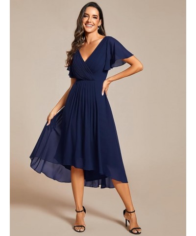 Women's Chiffon V-Neck Short Wedding Guest Dress with Ruffled Sleeves 01923 Navy Blue $27.71 Dresses