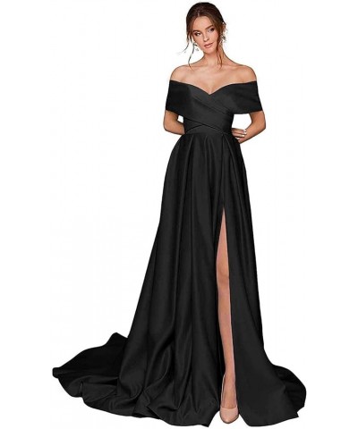 Women's Off The Shoulder Prom Dresses with Slit Long Satin A-line Formal Evening Gowns with Pockets Black $28.56 Dresses