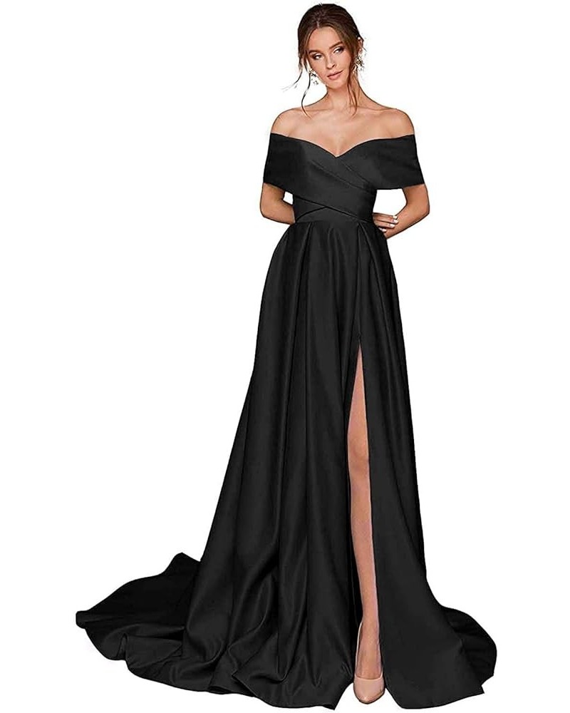 Women's Off The Shoulder Prom Dresses with Slit Long Satin A-line Formal Evening Gowns with Pockets Black $28.56 Dresses