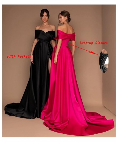 Women's Off The Shoulder Prom Dresses with Slit Long Satin A-line Formal Evening Gowns with Pockets Black $28.56 Dresses