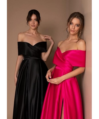 Women's Off The Shoulder Prom Dresses with Slit Long Satin A-line Formal Evening Gowns with Pockets Black $28.56 Dresses