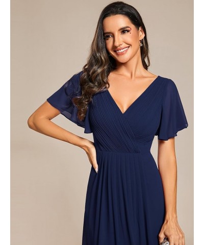 Women's Chiffon V-Neck Short Wedding Guest Dress with Ruffled Sleeves 01923 Navy Blue $27.71 Dresses