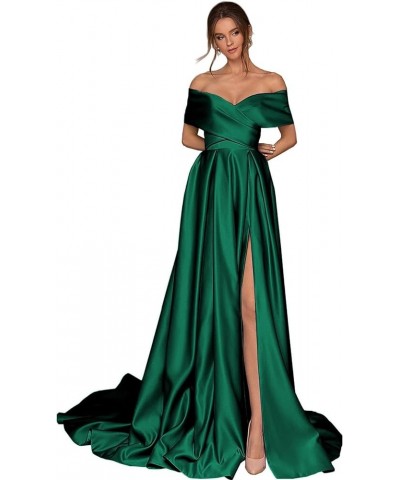 Women's Off The Shoulder Prom Dresses with Slit Long Satin A-line Formal Evening Gowns with Pockets Black $28.56 Dresses