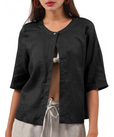 Women Pure Linen Open Front Cropped Cardigan Elbow Sleeve Summer Jacket Black $15.99 Sweaters