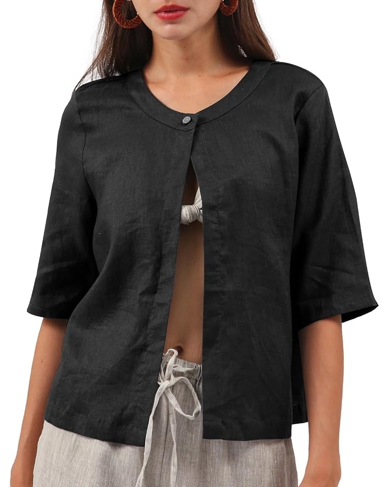 Women Pure Linen Open Front Cropped Cardigan Elbow Sleeve Summer Jacket Black $15.99 Sweaters