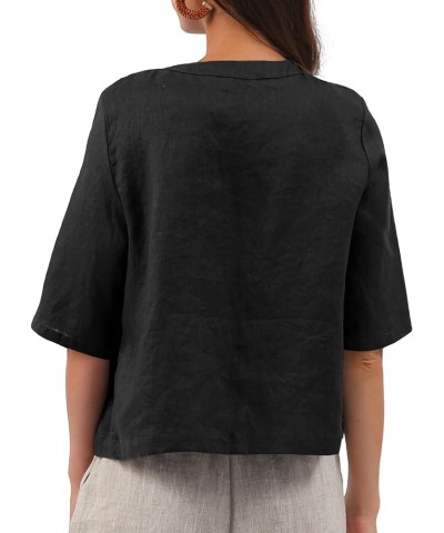 Women Pure Linen Open Front Cropped Cardigan Elbow Sleeve Summer Jacket Black $15.99 Sweaters