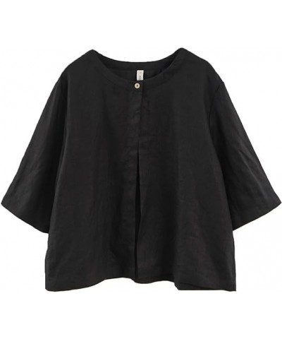 Women Pure Linen Open Front Cropped Cardigan Elbow Sleeve Summer Jacket Black $15.99 Sweaters