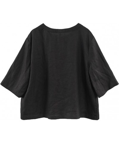 Women Pure Linen Open Front Cropped Cardigan Elbow Sleeve Summer Jacket Black $15.99 Sweaters