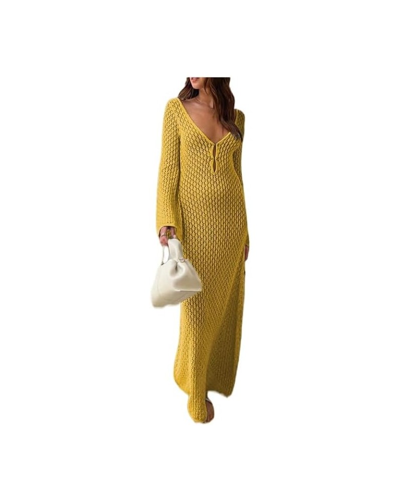 Women Hollow-Out Deep V-Neck Elegant Long Knit Dress Solid Color Long Sleeve Backless Fall Going Out Dress C Yellow $11.55 Dr...