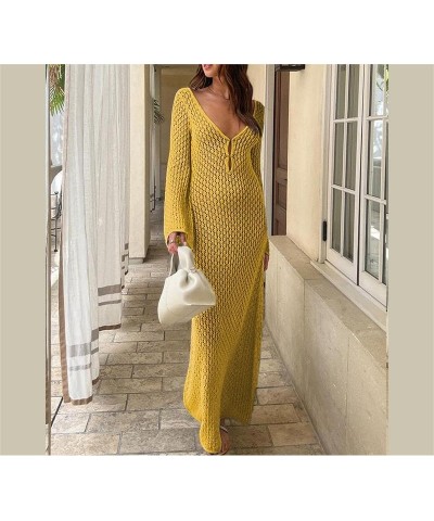 Women Hollow-Out Deep V-Neck Elegant Long Knit Dress Solid Color Long Sleeve Backless Fall Going Out Dress C Yellow $11.55 Dr...