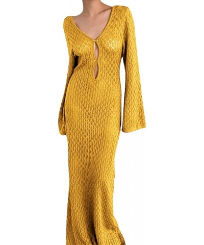 Women Hollow-Out Deep V-Neck Elegant Long Knit Dress Solid Color Long Sleeve Backless Fall Going Out Dress C Yellow $11.55 Dr...